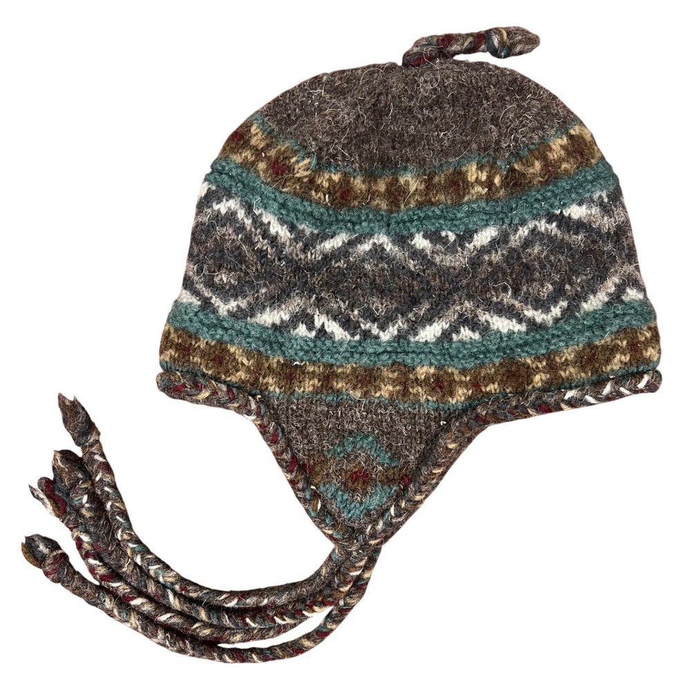 The Territory Ahead Wool Chullo Earflap Hat Fair Isle Fleece Lined Nepal Brown